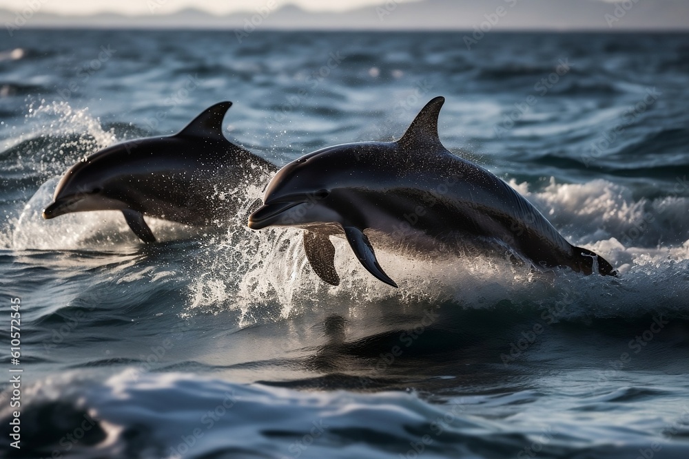 Obraz premium Close-up photo of beautiful dolphin family jumping on the waves. Clear blue ocean water. Holiday and leisure activities for travellers, nature attractions of south countries. Generative AI Technology