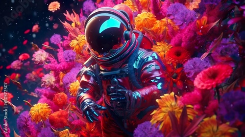 Astronaut surrounded by flowers