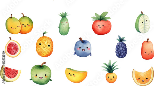 Set of watercolor mixed fruits for kids. Easy to draw, cute kid style. white background