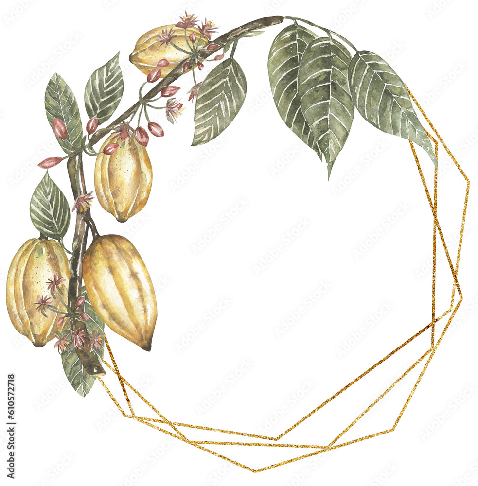 custom made wallpaper toronto digitalWatercolor hand drawn vintage style cacao branch and golden liner frame illustration, floral wreath, cocoa leaves and pod border clipart