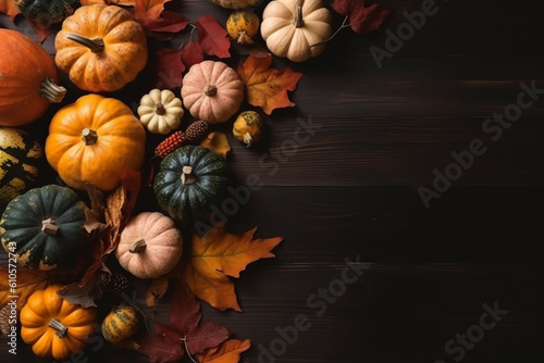 Fall flat lay composition for Thanksgiving or Halloween with various autumn pumpkins and copy space