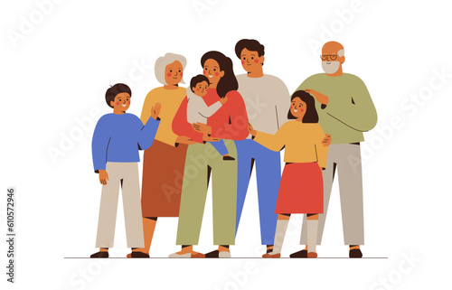 Happy big family with children, parents and grandparents. Three generations stand and embrace together. Family friendly and unity concept. Vector illustration