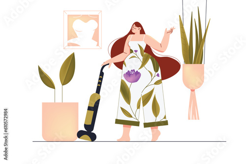 House chores concept with woman scene in the flat cartoon design. A woman vacuums at home to maintain cleanliness. Vector illustration.