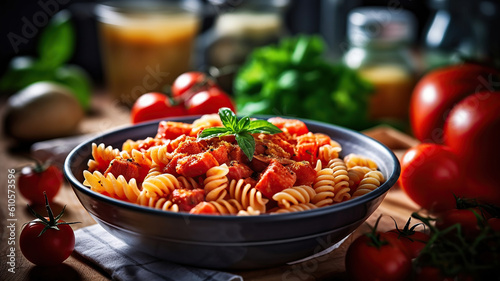 macaroni pasta with tomato sauce  pork and vegetables. Generative Ai