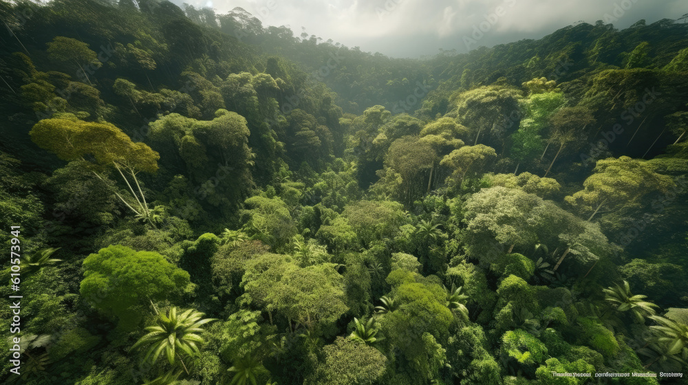 Aerial Perspectives bird's eye view of asian forest jungle nature landscape. Made by (AI) artificial intelligence
