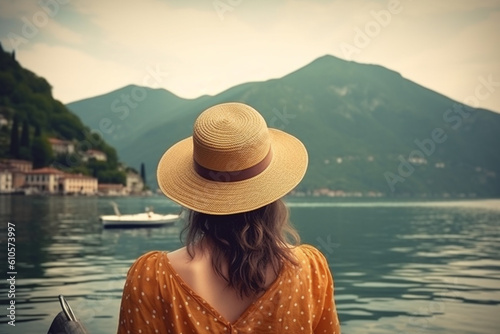 Female tourist enjoying the lake view on a european staycation in Italy rearview © alisaaa