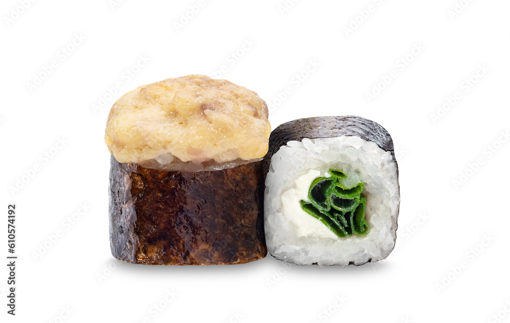 Sushi wrapped in seaweed, showcasing the artistry of Japanese cuisine and the fusion of flavors. Warm rolls with a cheese cap Sushi wrapped in seaweed, showcasing the artistry of Japanese cuisine and the fusion of flavors. Warm rolls with a cheese cap