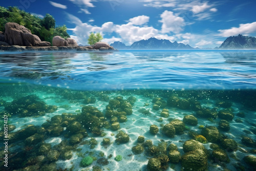 View under and above sea clear water  generative ai