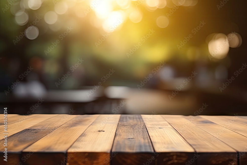 Wooden board empty table with blurred green leaf background