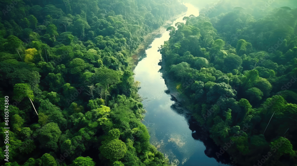 Aerial Perspectives bird's eye view of asian forest jungle nature landscape. Made by (AI) artificial intelligence
