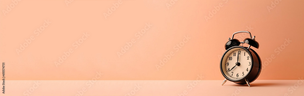 Banner with retro alarm clock on creamy creamy beige background with place for text, copy space. Minimalistic, concept of time, deadline time to work, morning time management morning routine schedule. Banner with retro alarm clock on creamy creamy beige background with place for text, copy space. Minimalistic, concept of time, deadline time to work, morning time management morning routine schedule.