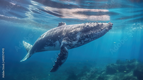 A Baby Humpback Whale Plays Near the Surface in Blue Water. Generative Ai © Malika