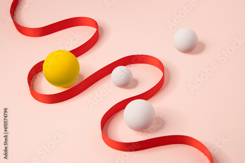 Geometric shapes abstract still life with spheres and curved line.