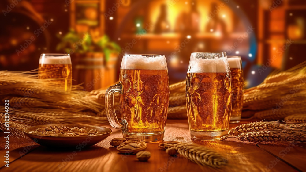 Oktoberfest beer with pretzel, wheat and hops on wooden table. Generative Ai