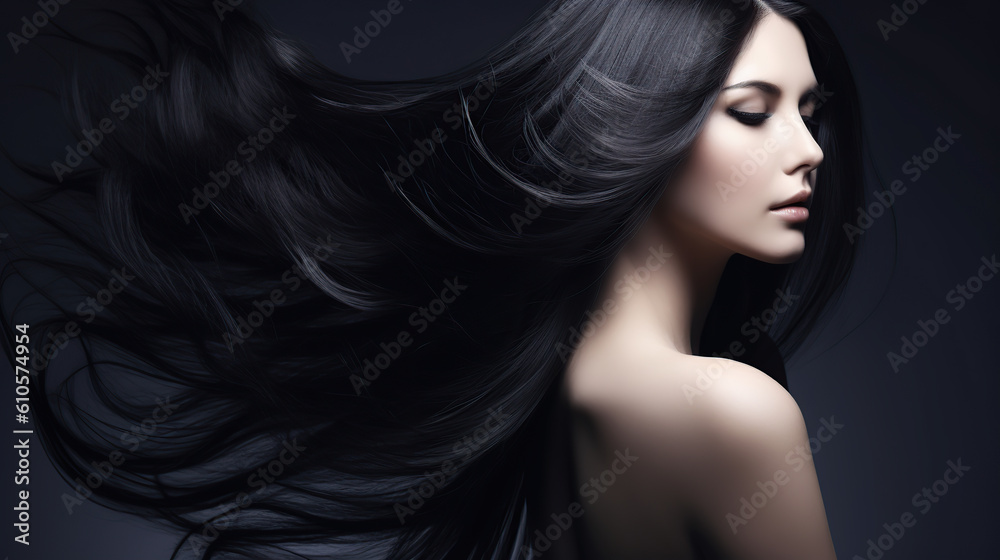 Young woman with black hair on dark background, mockup for hair care design Young woman with black hair on dark background, mockup for hair care design