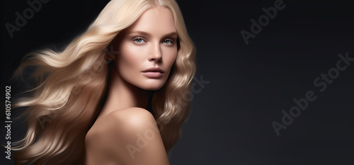 Young woman with blonde hair on dark background  mockup for hair care design 