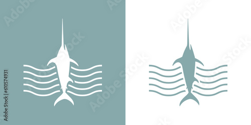 Logo Nautical. Silueta de pez espada o marlín con olas de mar