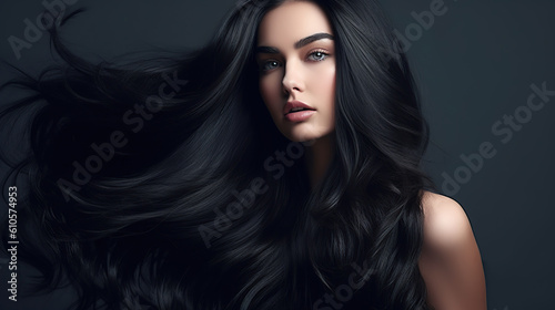 Young woman with black hair on dark background, mockup for hair care design 