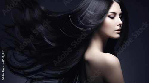 Young woman with black hair on dark background, mockup for hair care design 
