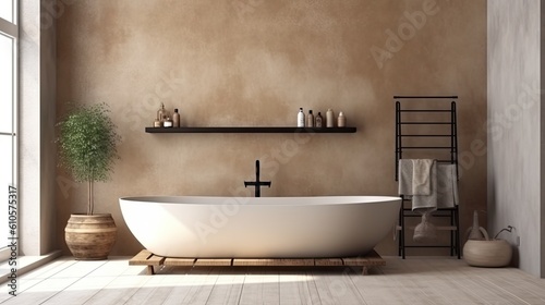 Interior of a bathroom with a bathtub on a wooden platform and a blank wall above. tiled floor with wall-mounted rack, modern minimalist style Generative AI