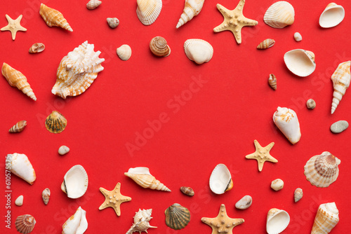 Wallpaper Mural Summer time concept Flat lay composition with beautiful starfish and sea shells on colored table, top view with copy space for text Torontodigital.ca