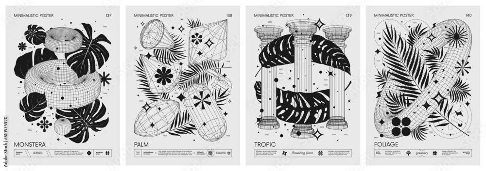 Futuristic retro vector minimalistic Posters with 3d strange wireframes geometrical shapes and exotic leaves, tropical plants, Artwork with silhouette abstract graphic elements basic figures, set 35 Futuristic retro vector minimalistic Posters with 3d strange wireframes geometrical shapes and exotic leaves, tropical plants, Artwork with silhouette abstract graphic elements basic figures, set 35
