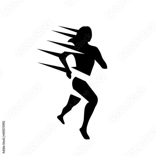 Woman running fast in black and white silhouette icon suitable for marathon events, health campaign and exercise or cardiovascular article logo 
