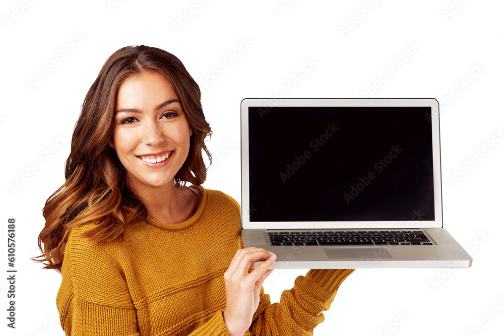 Naklejka premium Laptop, screen and portrait of woman showing website UI, UX or software isolated in a transparent or png background. Web design, internet and young person or girl advertising IT technology with smile