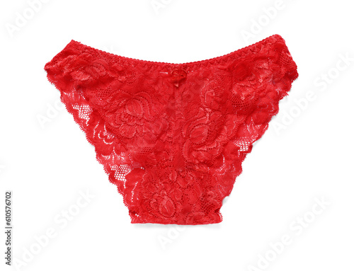 Elegant red women's underwear isolated on white, top view