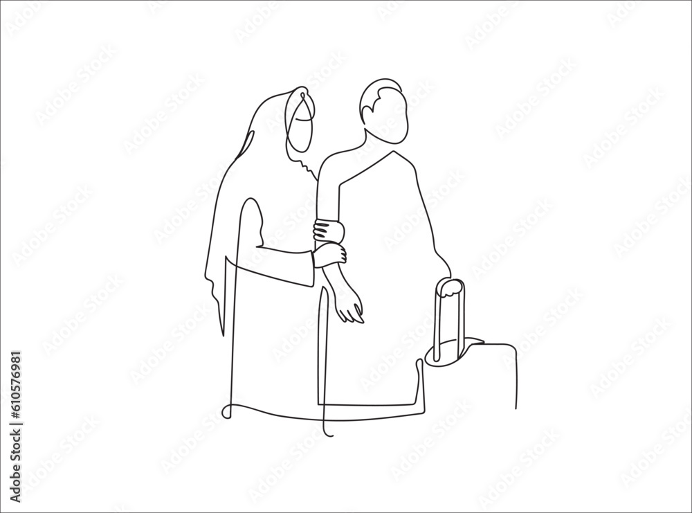  line drawing a Muslim with his ihram dress getting ready to go to Madena 