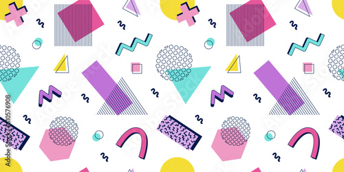 Abstract seamless pattern 80s 90s with geometric shapes in the Memphis style. Vector retro hipster print