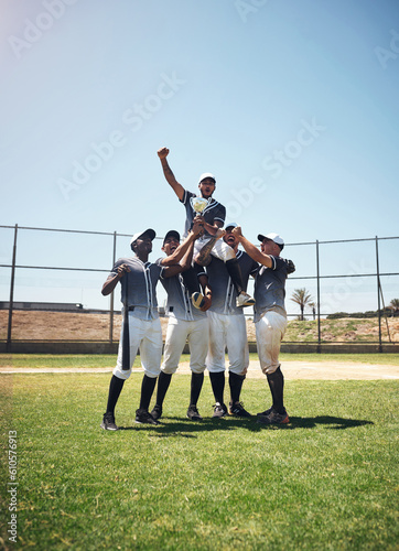 Photography Baseball team, sports and men winning trophy at competition or game on field