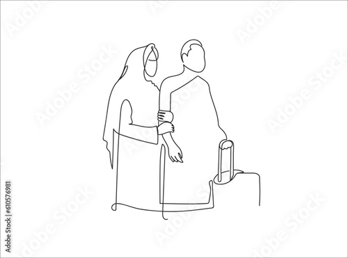  line drawing a Muslim with his ihram dress getting ready to go to Madena 