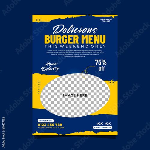 Delicious burger menu vertical poster flyer promotion template 