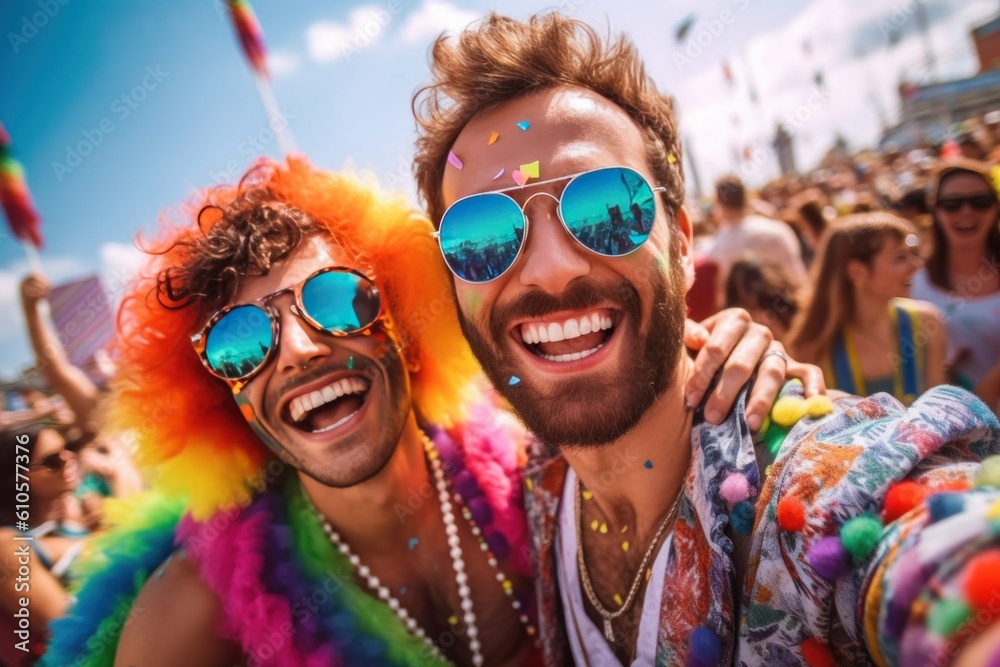 Close-Up View - Happy gay couple smiling with rainbow color clothes at Pride in Sao Paulo. Dancing to a live samba band, surrounded by a sea of rainbow flags and colorful costumes.Generated with AI Close-Up View - Happy gay couple smiling with rainbow color clothes at Pride in Sao Paulo. Dancing to a live samba band, surrounded by a sea of rainbow flags and colorful costumes.Generated with AI