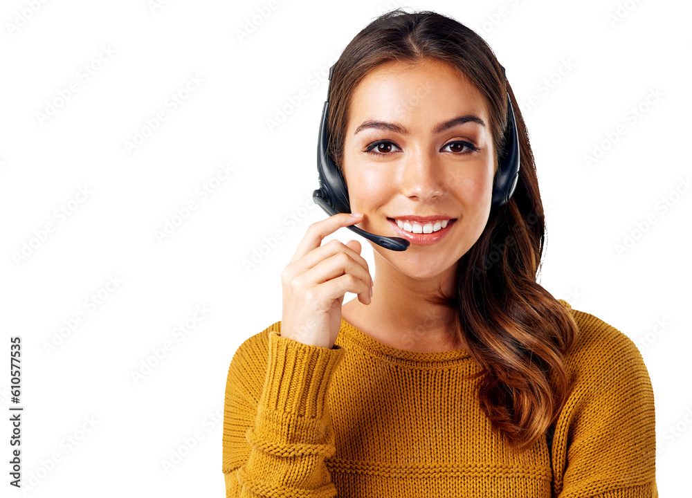 Portrait, customer service and contact us with a consultant woman isolated on a transparent png background. Communication, call center and face of support with crm employee consulting using a headset Portrait, customer service and contact us with a consultant woman isolated on a transparent png background. Communication, call center and face of support with crm employee consulting using a headset
