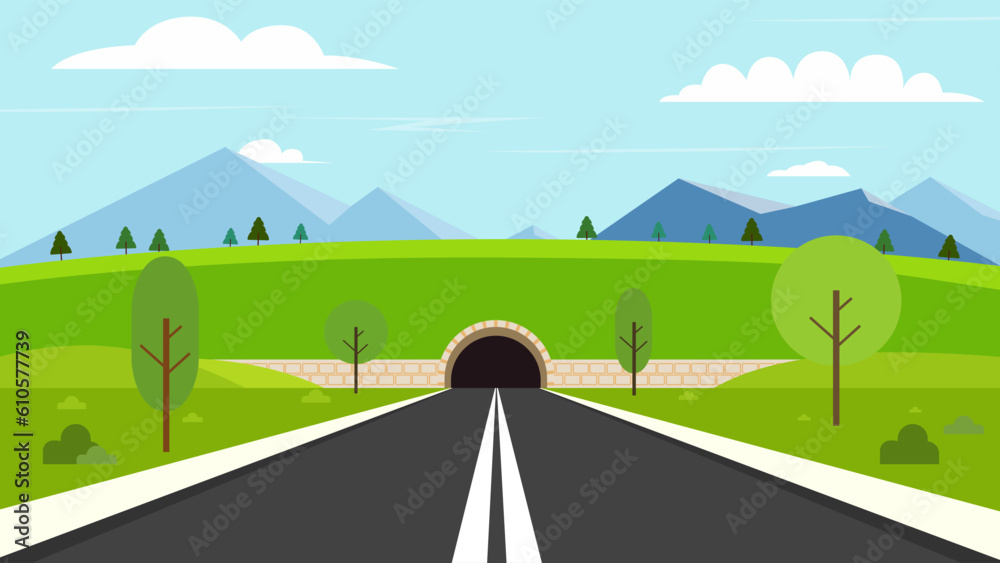 Tunnel road with nature landscape.Natural scene with street to tunnel and sky background.Vector illustration - obrazy, fototapety, plakaty 