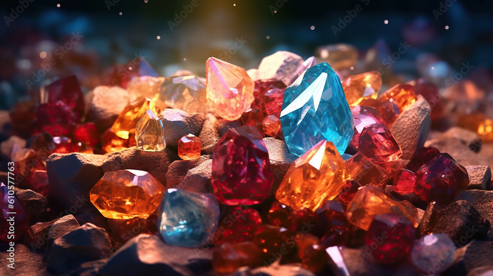 a cluster of crystals sitting on top of a pile of rocks. Generative Ai a cluster of crystals sitting on top of a pile of rocks. Generative Ai