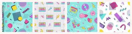 Memphis collection of seamless patterns. Set abstract geometric shapes, elements of the 80s 90s, vector trend background