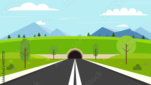 Tunnel road with nature landscape.Natural scene with street to tunnel and sky background.Vector illustration