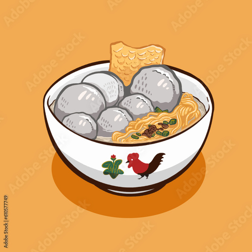 Digital vector illustration of bakso or meatball Indonesian food