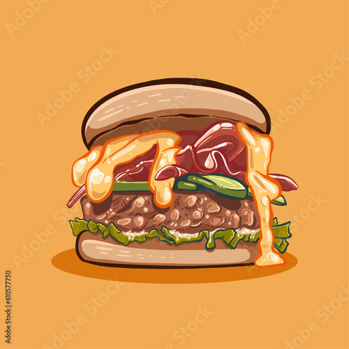 Digital vector illustration of yummy and greasy burger