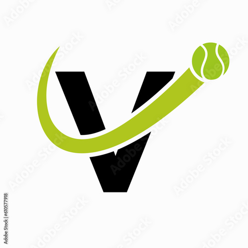 Tennis Logo Design On Letter V Template. Tennis Sport Academy, Club Logo