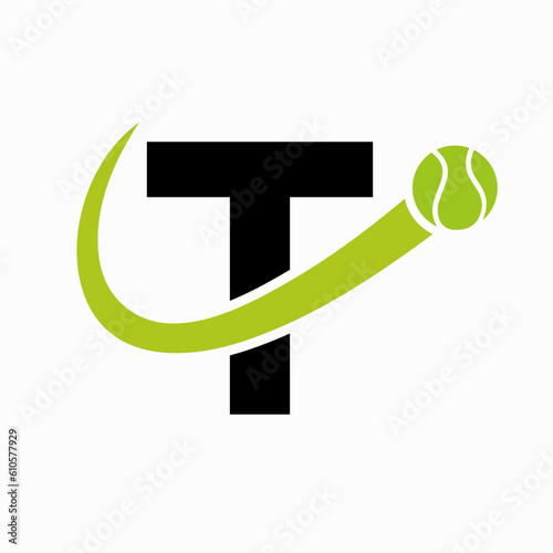 Tennis Logo Design On Letter T Template. Tennis Sport Academy, Club Logo