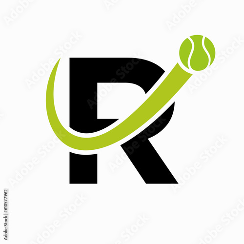 Tennis Logo Design On Letter R Template. Tennis Sport Academy, Club Logo