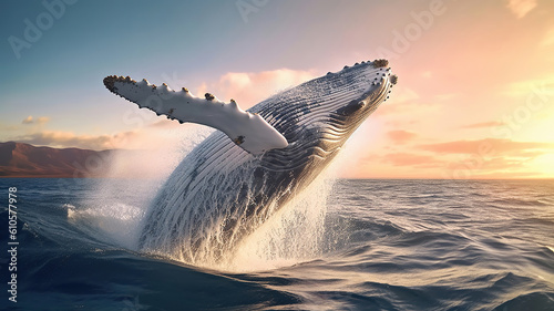 Humpback whale jumps out of the water. Beautiful jump. Generative Ai © Malika