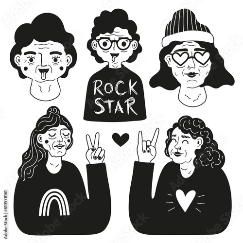 Black white monochrome vector illustration cheerful smiling old women fashion set. Happy grandmother typography sticker pack. Inspirational cartoon flat print design collection on white background.
