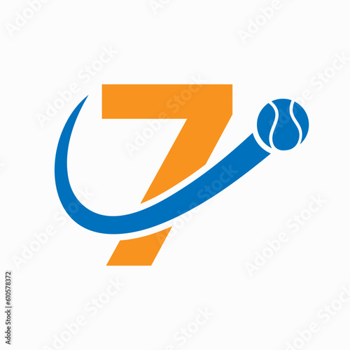 Tennis Logo Design On Letter 7 Template. Tennis Sport Academy, Club Logo