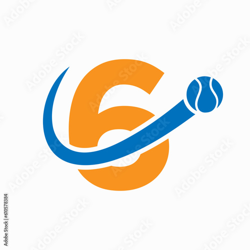 Tennis Logo Design On Letter 6 Template. Tennis Sport Academy, Club Logo