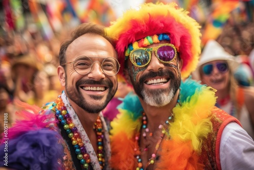  Close-Up View - Happy gay couple smiling with rainbow color clothes at Pride in Sao Paulo. Dancing to a live samba band, surrounded by a sea of rainbow flags and colorful costumes.Generated with AI © sirisakboakaew